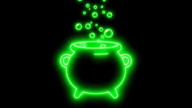 Neon Witch Cauldron Bubbling - A vibrant green neon outline of a witch's cauldron with bubbles rising from it is displayed against a black screen.