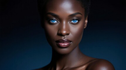 Minimalist studio portrait of a young black woman with short natural hair and glowing skin, bare shoulders against a dark blue background