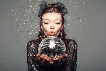 Stylish Woman Holding Disco Ball at Party
