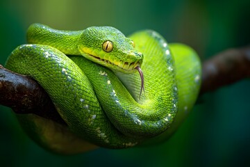 Fototapeta premium A vibrant green snake coils tightly around a branch, its forked tongue flicking and golden eyes glowing in jungle light. 
