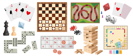 Collection of classic board games, card games, dice, and game pieces in flat graphic style, shown on white background. Concept of leisure and fun. Vector illustration