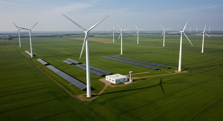 Obraz premium Aerial view of wind turbines and solar panels in a green field landscape
