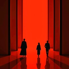 The scene of characters walking in front of the red wall