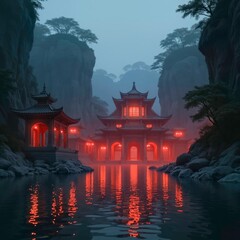 The beautiful night view of ancient buildings in the canyon