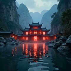 The beautiful scenery of ancient buildings illuminated in the canyon