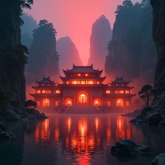 The magnificent lighting scene of ancient buildings in the canyon