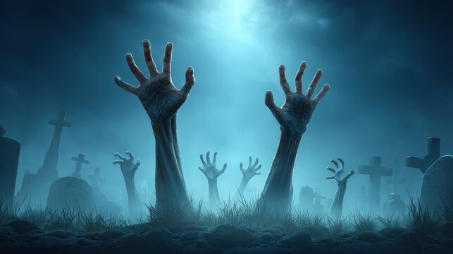 Eerie Atmosphere of Gravediggers Hands Emerging from the Ground in a Dark Cemetery at Night with Crosses and Grey Tombstones Under a Mysterious Moonlight