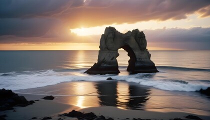 Dramatic sunset over a natural rock arch in the ocean