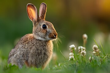 Fototapeta premium A curious rabbit sits alert in a grassy clover field, bathed in warm evening light and surrounded by flowers. 