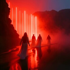 Characters walking under red light