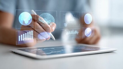 Businessman uses a digital pen on a tablet, interacting with holographic projections of a brain, charts, graphs, and a globe, symbolizing artificial intelligence and data analysis - Powered by Adobe