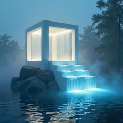 Shining Buildings on Stones and Water Surface