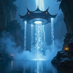 Hanging Pavilion and Multi story Waterfall Landscape