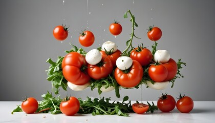 Fresh tomatoes, mozzarella, and arugula arranged in a still life composition.