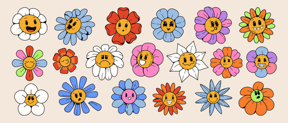 Collection of hand-drawn cartoon flowers with various facial expressions and emotions on a light background. Concept of emotion expression. Vector illustration