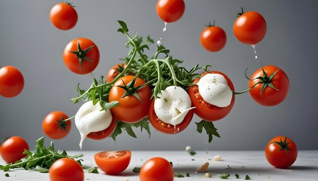Fresh tomatoes with mozzarella and arugula in a creative composition.