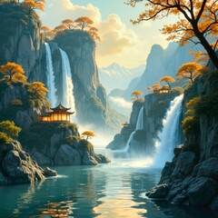 Waterfalls and Ancient Buildings in Autumn Scenery