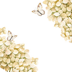 beige frame with watercolor hydrangea branches with flowers, butterfly, garden flowers in vintage style, pastel colors blossom flowers heard, bud for greeting card, anniversary, wedding decoration