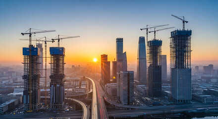 Skyscrapers under construction with cranes against a vibrant sunset sky