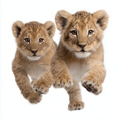 Obraz premium Two adorable lion cubs jumping, white background cut out png