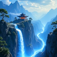 Mountain Stream Ancient Architecture and Blue Waterfall