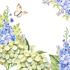 watercolor green hydrangea branches with flowers, leaves and twigs, blue delphinium, butterfly, garden flowers, pastel colors blossom flowers heard, bud for greeting card, wedding decoration