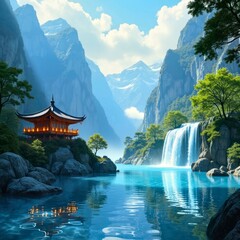 Ancient buildings and waterfalls in the mountains and waters