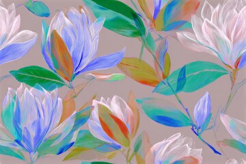 Seamless pattern with hand-drawn flowers and leaves in vibrant colors with delicate lines on a taupe background