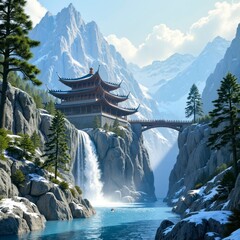 Mountain ancient architecture and magnificent waterfall scenery
