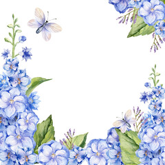 watercolor blue delphinium branches with flowers, leaves and buds, cute butterfly, garden flowers, pastel colors blossom flowers heard for greeting card, wedding decoration