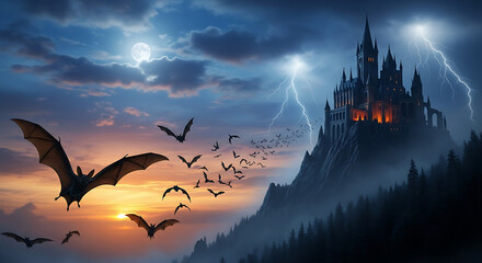 Spooky castle on a cliff at sunset with bats flying in a stormy sky