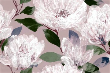 Seamless pattern with white peony flowers and green leaves in hand-drawn style on soft pink background, illustrating romantic floral 
