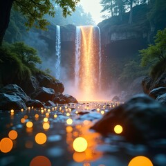 Waterfall and Warm Orange Spot Landscape