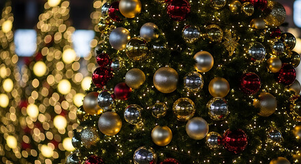 Close up of a decorated christmas tree with blurred festive lights in the background