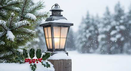 Vintage outdoor lantern illuminated in a snowy winter forest with evergreen trees