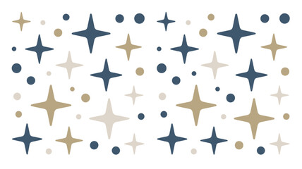 Obraz premium A pattern of blue and tan stars and circles scattered on a white background in a random arrangement