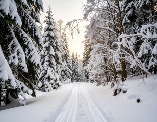 Obraz premium Snow-covered path through a winter forest at sunrise (1)
