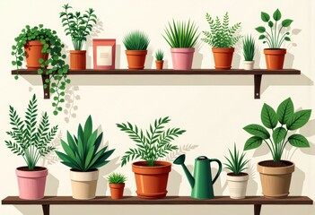 Garden plant display featuring various plants and care supplies on shelves