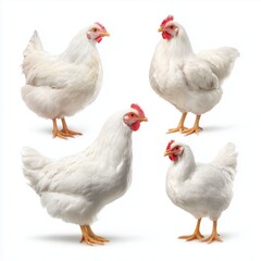 Fototapeta premium Four white chickens isolated, white background cut out png