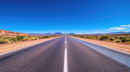 Naklejka premium Vast Open Road Across Desert Landscape Under Bright Blue Sky with Sparse Vegetation and Faraway Mountains