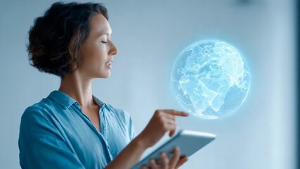 Project manager interacting with holographic globe, representing global network connectivity, visualizing data analysis and technological innovation in modern business communication - Powered by Adobe