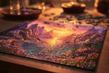 Naklejka premium Jigsaw Puzzle Completion with a Purple Mountain Landscape on a Wooden Table Top