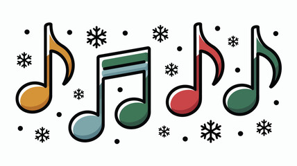 Colorful music notes with snowflakes and dots on a white background in a festive holiday theme design