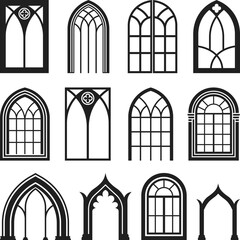 Gothic Arch Elements Vector Art icon, Gothic Window Collection Architectural Silhouette Illustrations, isolated on a white Background