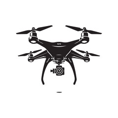Detailed black silhouette of a quadcopter drone with a camera and gimbal on a white background