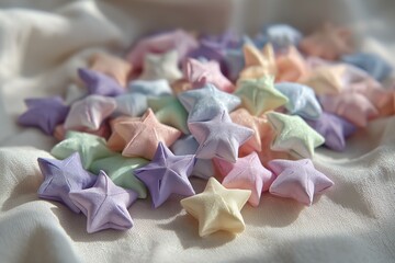 Pastel Origami Stars Piled on Creamy Fabric in Soft Light Decorative Colorful Shapes