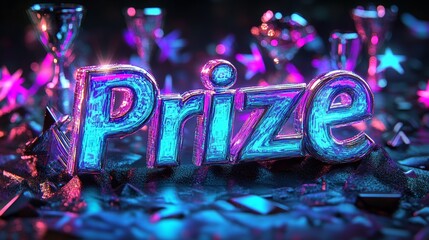 word "Prize" in Cyberpunk style, written in glowing purple and blue neon.