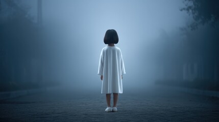 Mysterious Child in Foggy Environment Wears Simple White Dress, Capturing a Haunting and Ethereal Atmosphere in Urban Setting