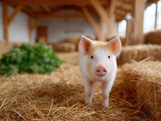 Portrait Of A Young Pig Standing Alertly In A Barn Amidst Hay And Natural Light