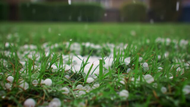 closeup of white hailstones covering wet green grass during hailstorm. small ice pellets are scattered on lawn after storm. weather phenomenon.